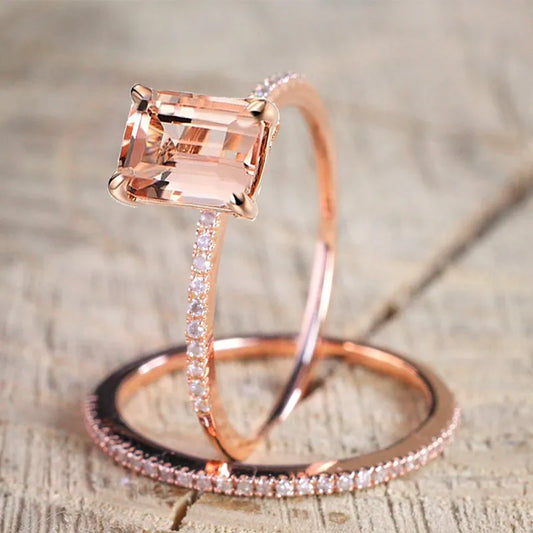 2Pcs Ring/Set Rose Gold Filled White Crystal Zircon Wedding Engagement Ring Size 6-10