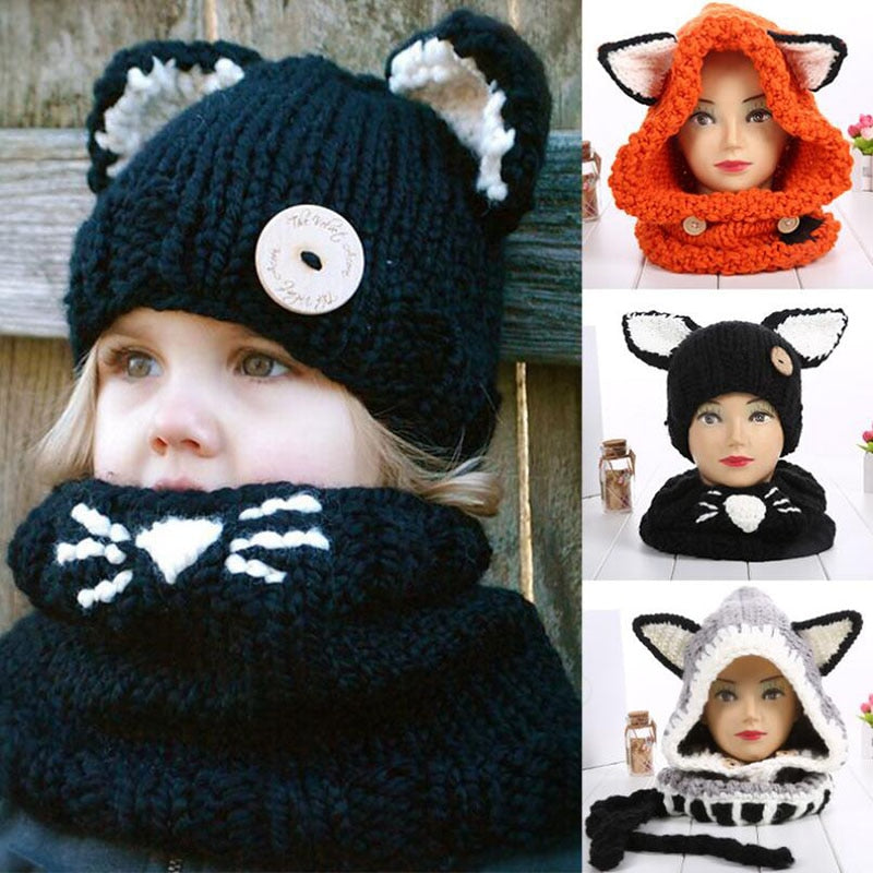 1-7 Years Baby Girls Hats Handmade Kids Winter Hats Wrap Fox Scarf Caps Cute Autumn Children Wool Knitted Hats free shipping