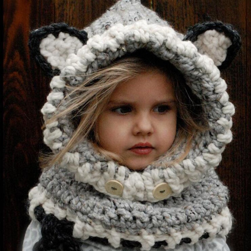 1-7 Years Baby Girls Hats Handmade Kids Winter Hats Wrap Fox Scarf Caps Cute Autumn Children Wool Knitted Hats free shipping