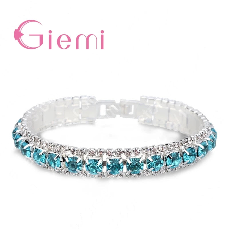 Shining AAA+ Austrian Crystal Bracelets for Women Real 925 Sterling Silver Cubic Zircon Stone Paved Bangle Wristband