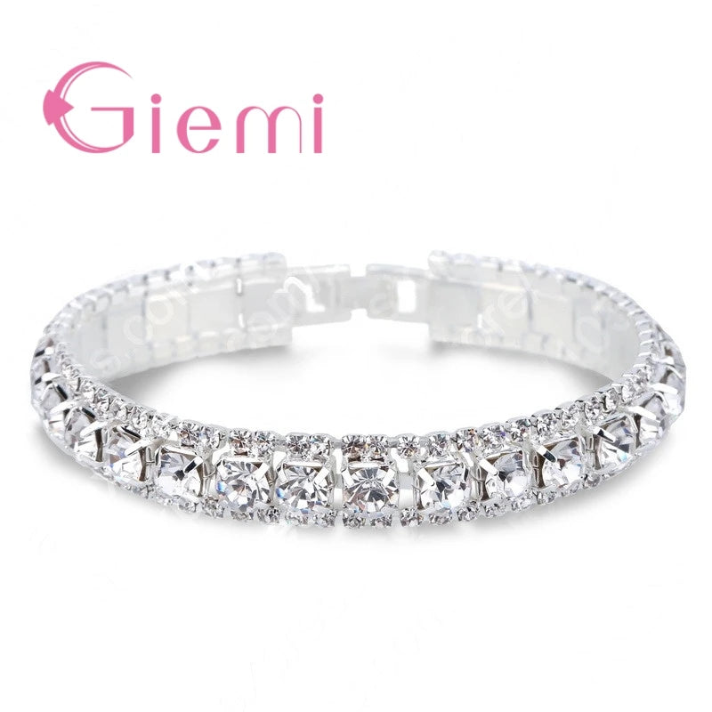 Shining AAA+ Austrian Crystal Bracelets for Women Real 925 Sterling Silver Cubic Zircon Stone Paved Bangle Wristband