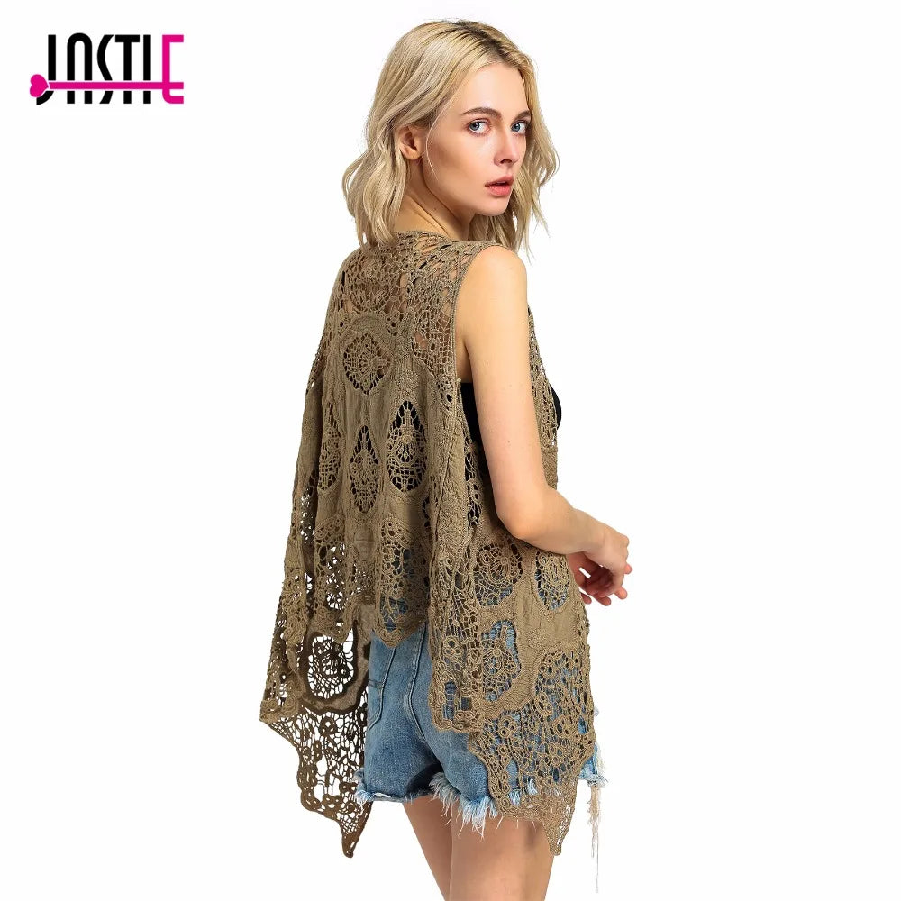 Jastie Hippie Floral Patch Design Vest Retro Vintage Crochet Summer Beach Cover Up Top Asymmetric Open Stitch Kimono Cardigain