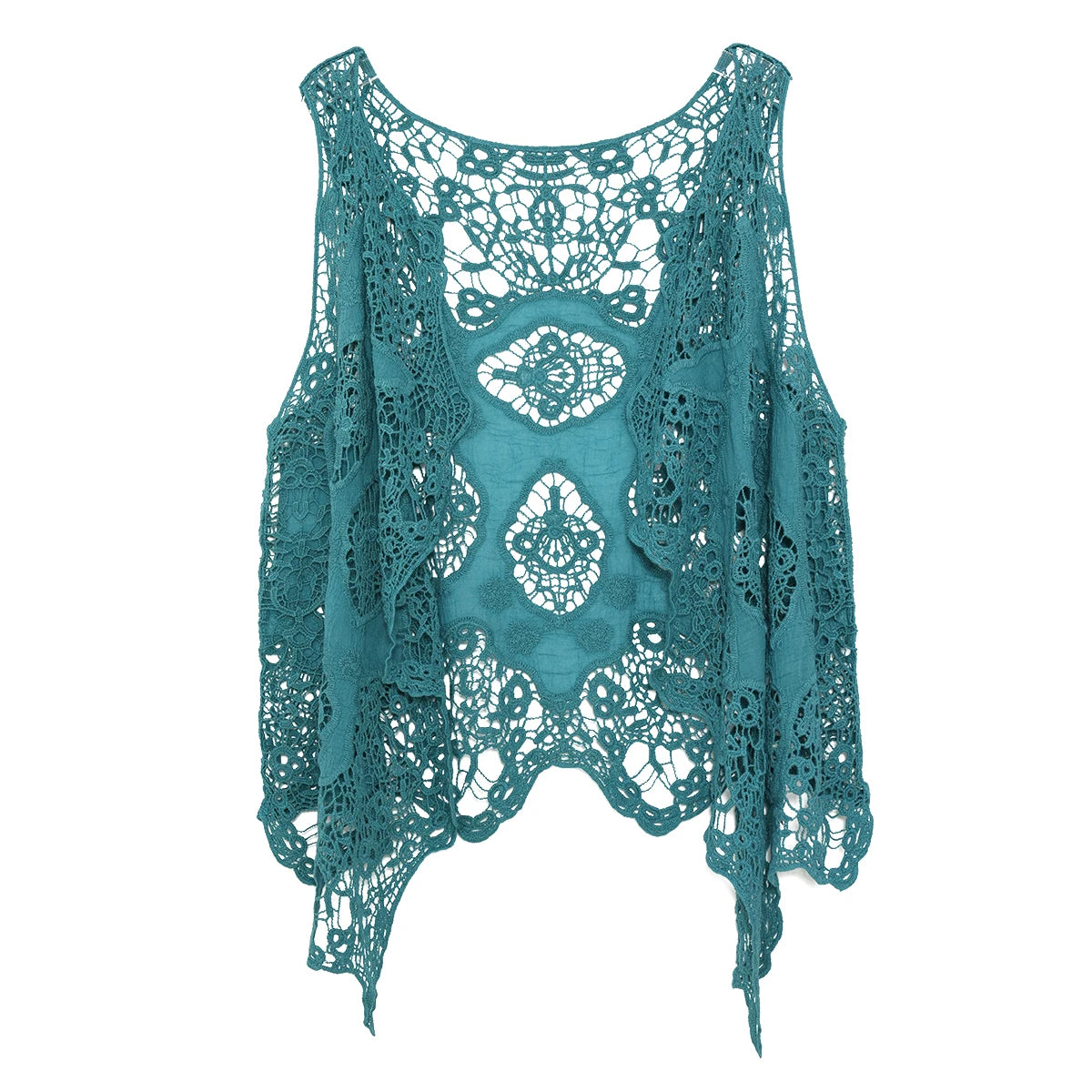 Jastie Hippie Floral Patch Design Vest Retro Vintage Crochet Summer Beach Cover Up Top Asymmetric Open Stitch Kimono Cardigain