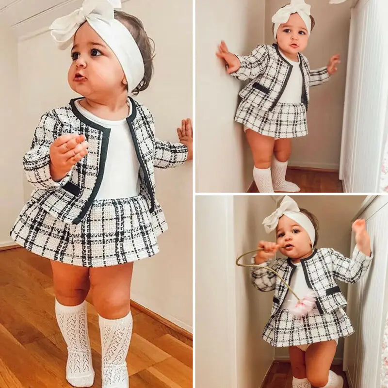 2Pcs Party Kids Clothes For Baby Girl Fashion Pageant Plaid Coat Tutu Dress Outfits Suit Toddler Girl Clothing Set