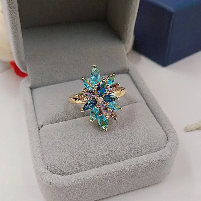 Luxury Party S925 Silver Multi Color Crystal Cubic Zirconia Rings Big Flower Famale Metal Plated Zircon Gift Jewelry For Women