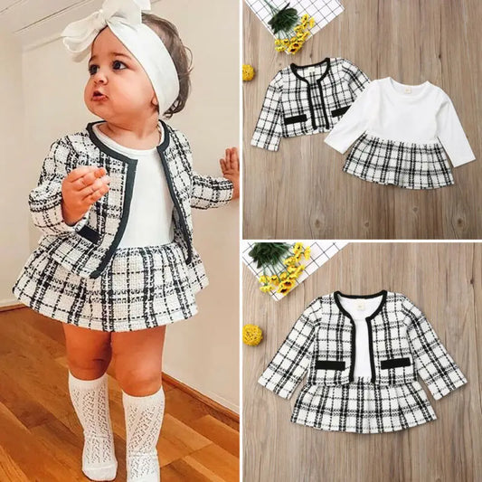 2Pcs Party Kids Clothes For Baby Girl Fashion Pageant Plaid Coat Tutu Dress Outfits Suit Toddler Girl Clothing Set