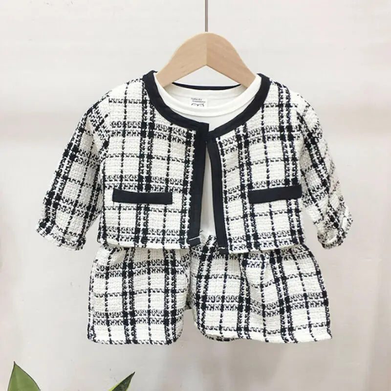 2Pcs Party Kids Clothes For Baby Girl Fashion Pageant Plaid Coat Tutu Dress Outfits Suit Toddler Girl Clothing Set