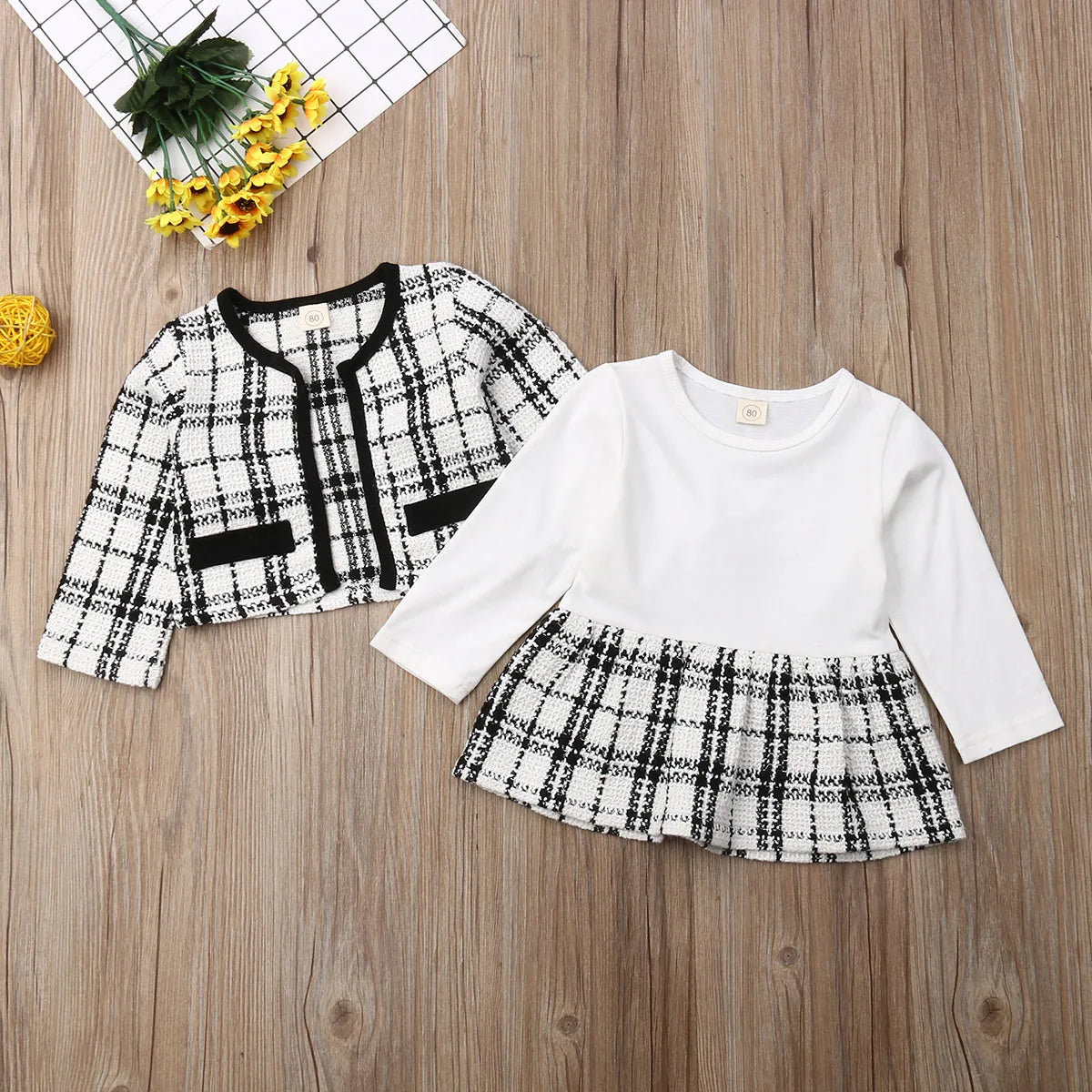 2Pcs Party Kids Clothes For Baby Girl Fashion Pageant Plaid Coat Tutu Dress Outfits Suit Toddler Girl Clothing Set