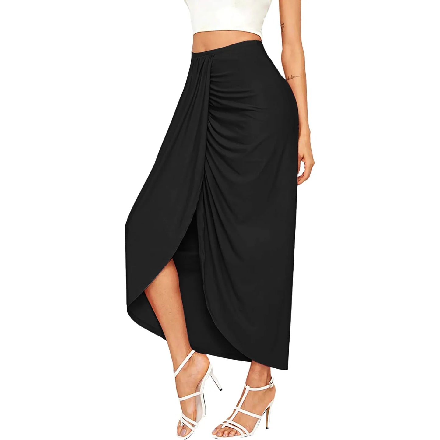 New Fashion Long Skirts For Women Casual Slit Wrap Asymmetrical Elastic High Waist Solid Pleated Skirts For Women