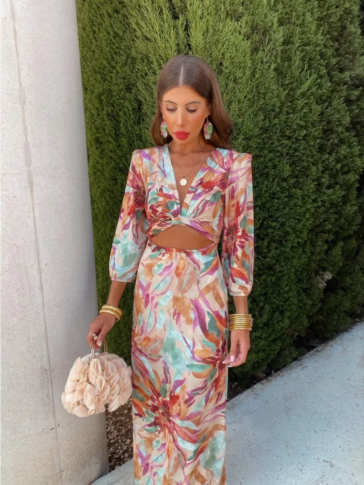 Floral Printed Hollow Out chiffon Long Dresses Women's Sleeves Bodycon cut out Maxi Dresses Chic Lady Prom Gown Robes 2024 new