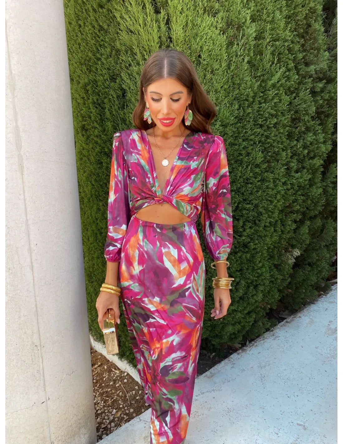 Floral Printed Hollow Out chiffon Long Dresses Women's Sleeves Bodycon cut out Maxi Dresses Chic Lady Prom Gown Robes 2024 new