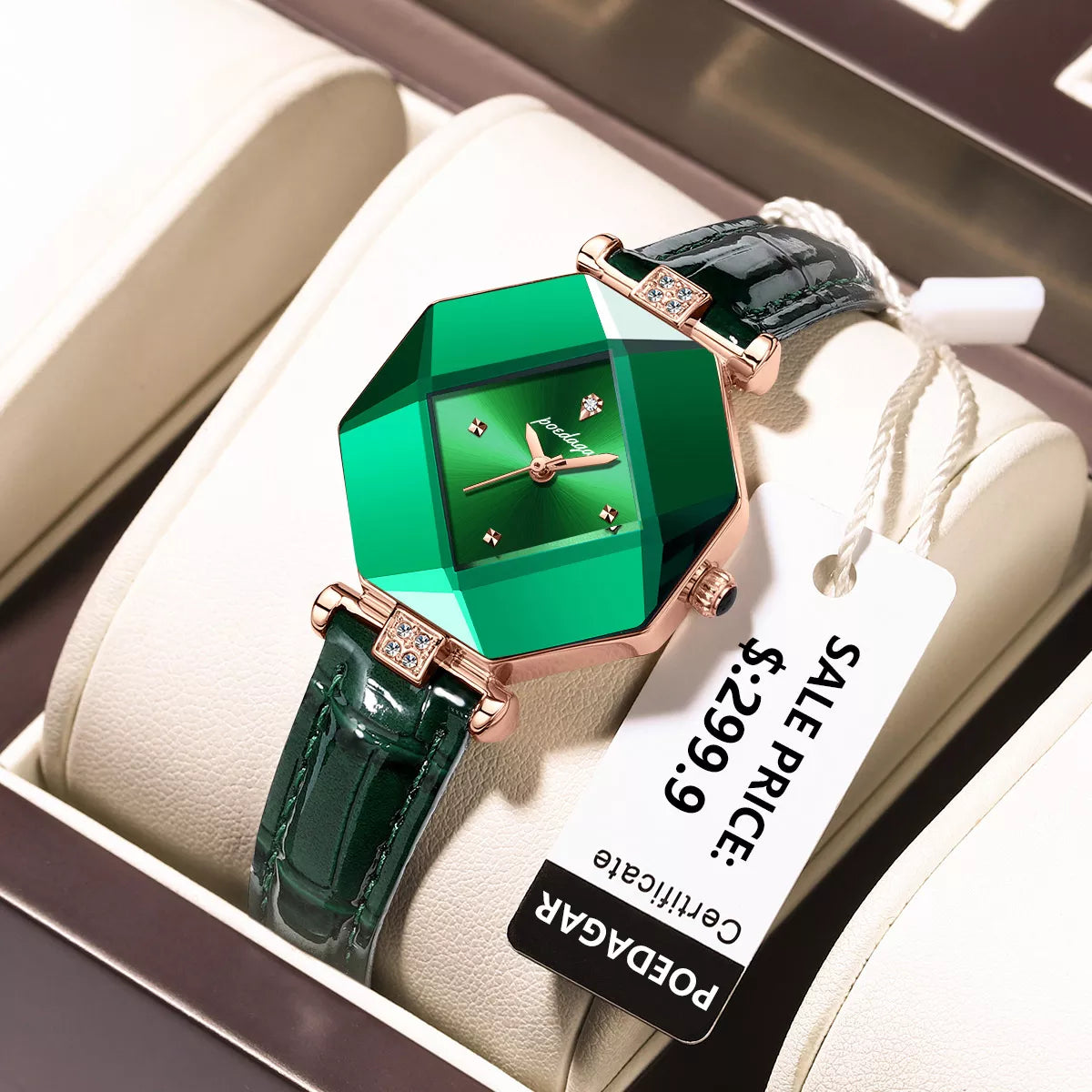 High Quality Luxury Women's Watch Diamond Quartz Waterproof Ladies Green Leather Watches Fashion Exquisite