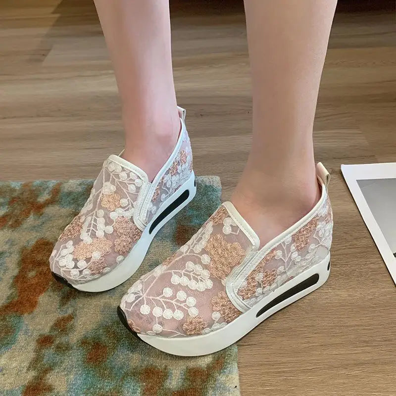 Summer Blossoms 2024: Floral Embroidered Mesh Platform Wedges for Women