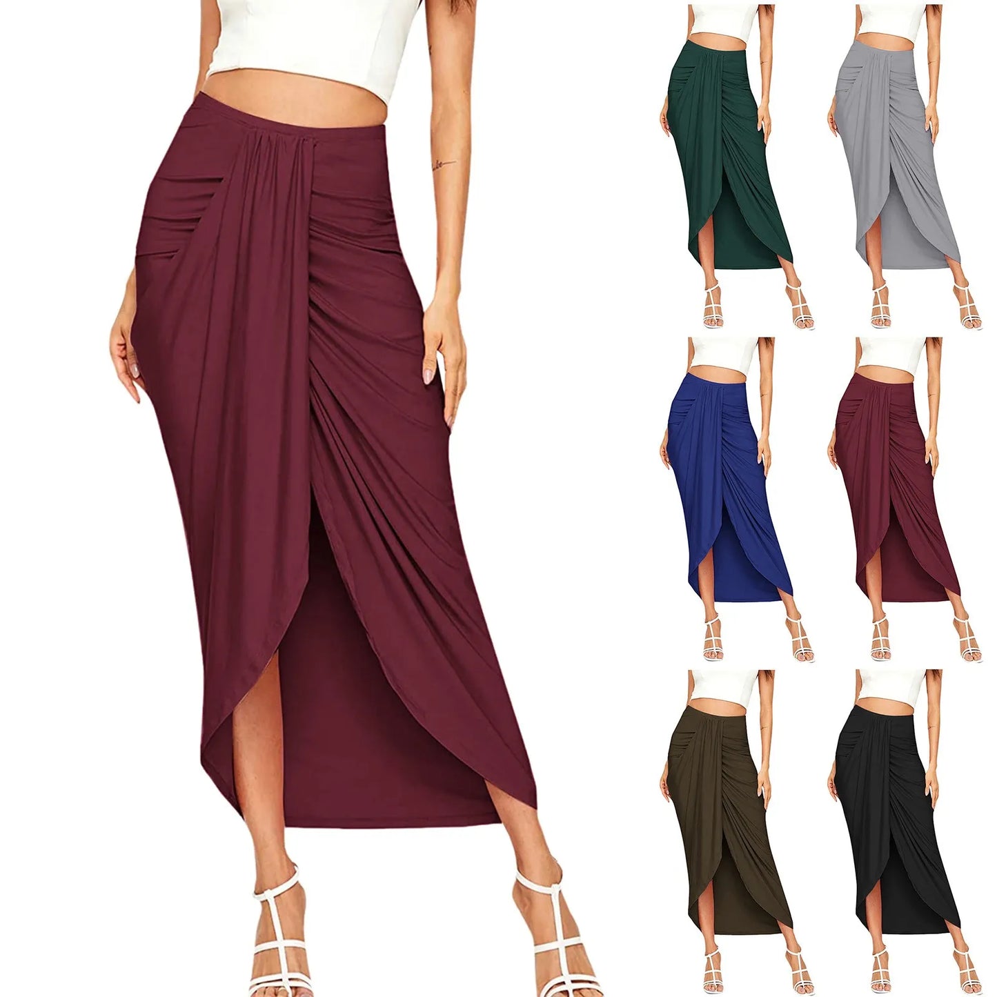 New Fashion Long Skirts For Women Casual Slit Wrap Asymmetrical Elastic High Waist Solid Pleated Skirts For Women