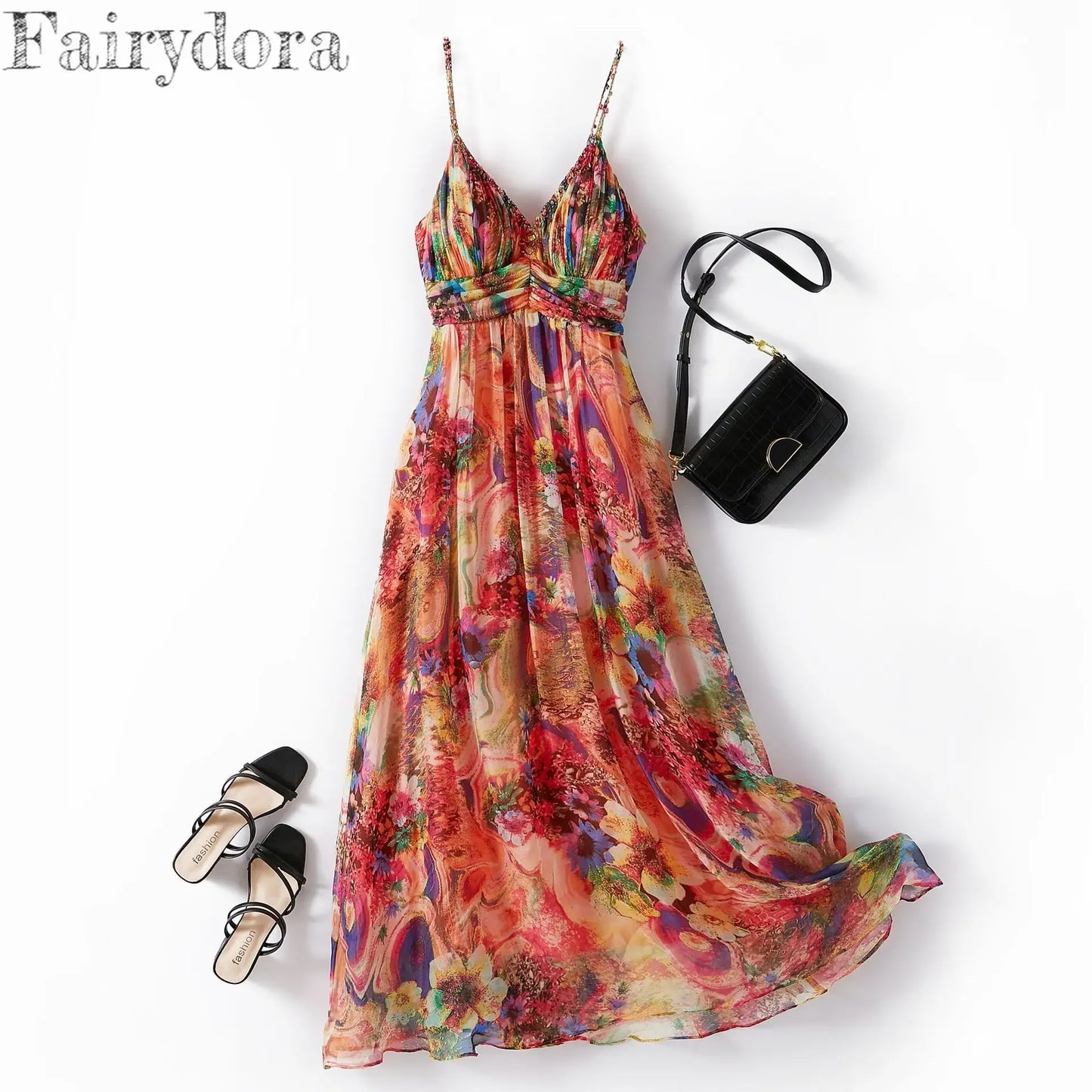 Elegant Pure Silk Dress for Women, Sexy Spaghetti Strap, Boho Style, Floral Printing Beach Dress, Summer, 28028