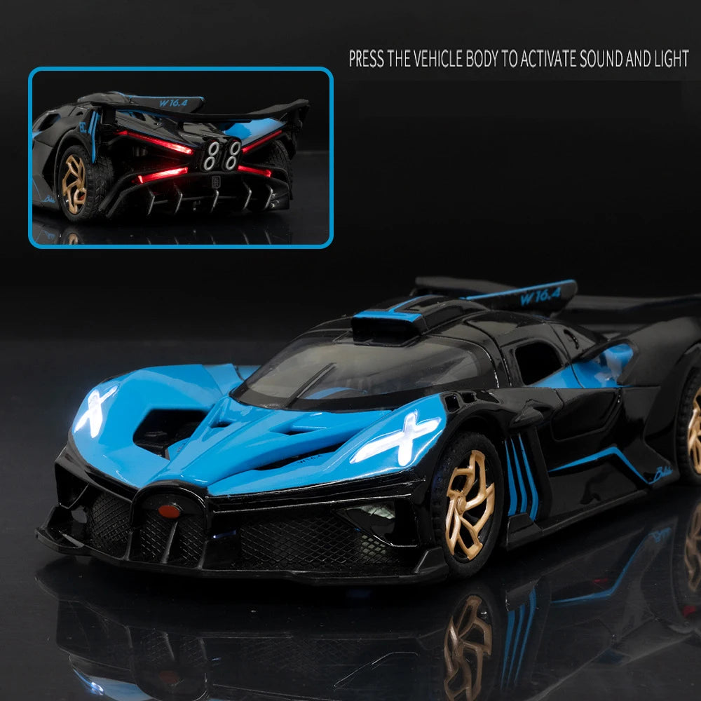 Speed Redefined: 1:32 Bugatti Bolide Alloy Sport Car Model with Sound & Light - The Ultimate Boy's Gift