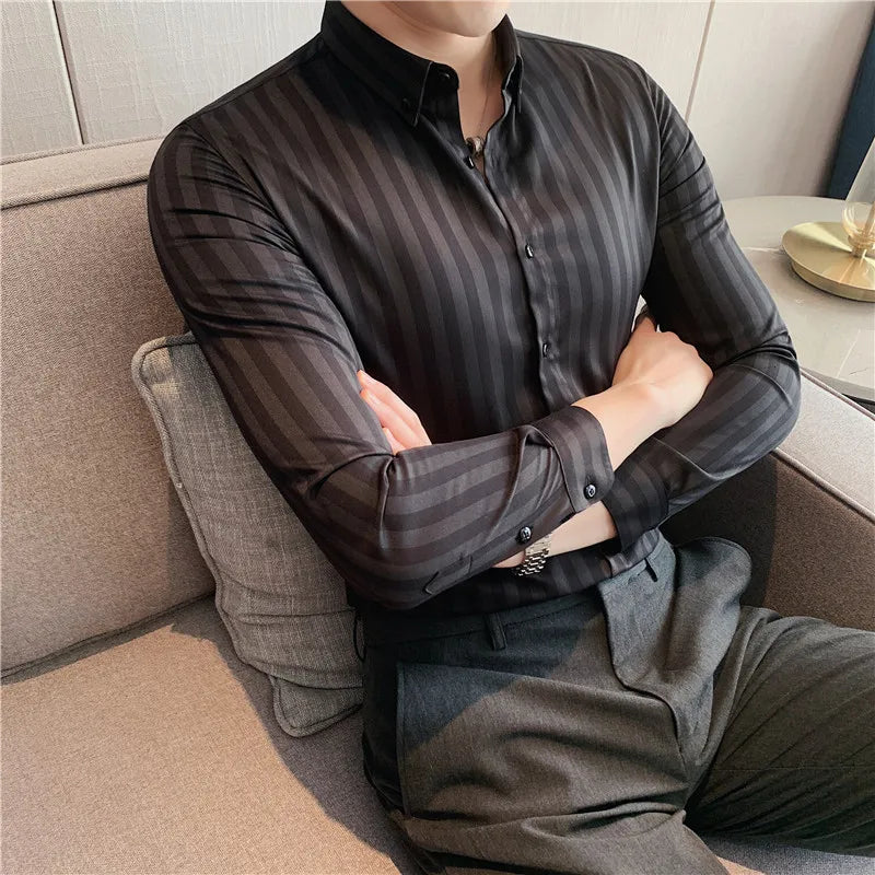 2024 Spring Shirts Men Dress Vertical Stripe Shirts Slim Men Casual Long Sleeve Shirt Male Chemise Homme Tuxedo Shirt