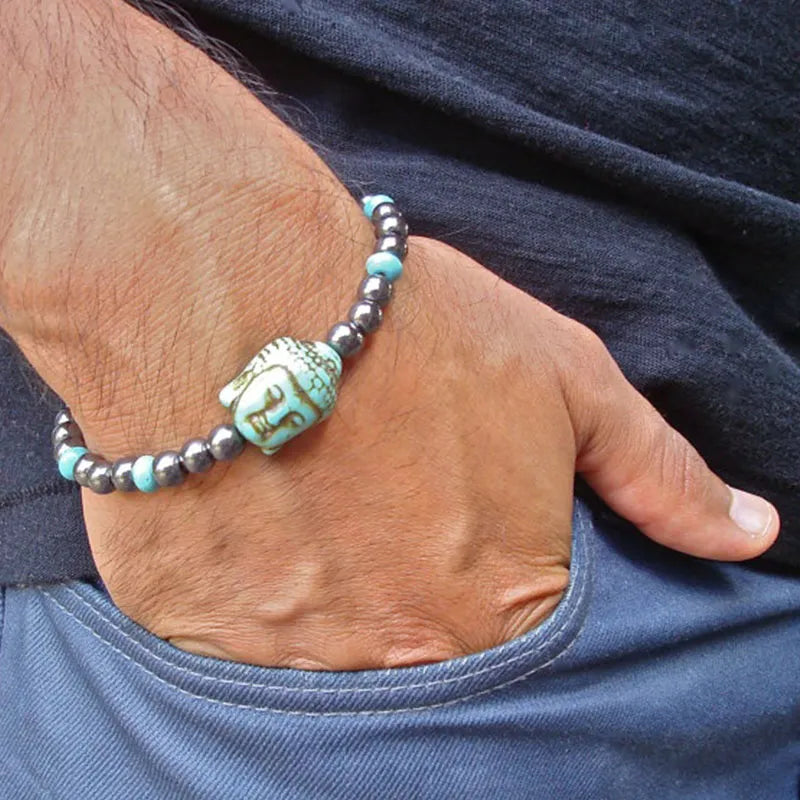 Men's Spiritual Protection Tibetan Buddha Bracelet with Semi Precious Turquoise