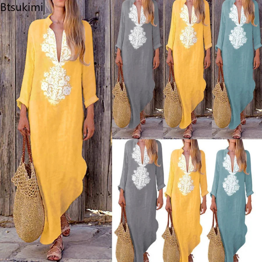 Spring Summer Dresses for Women Cotton Linen Long Sleeve V-neck Dress Split Hem Baggy Kaftan Long Dress for women