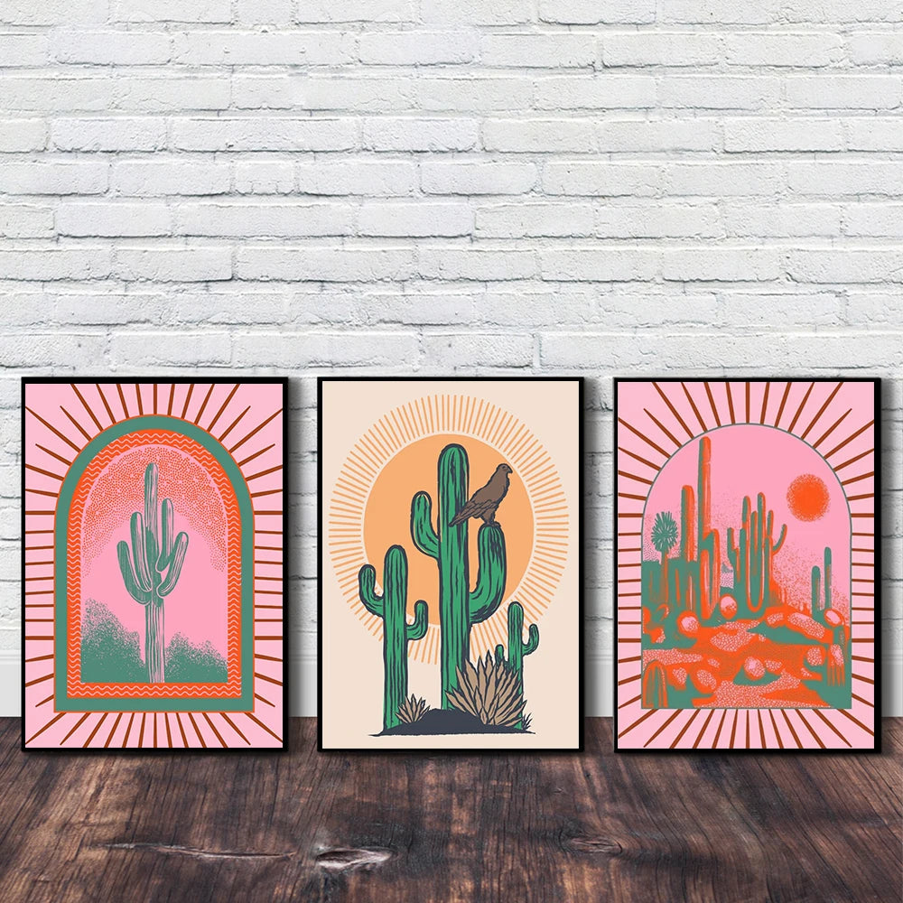 Abstract Landscape Desert Cactus Art Posters Painting Western Boho Prints Cowgirl Horse Wall Art Canvas Nordic Pictures Decor