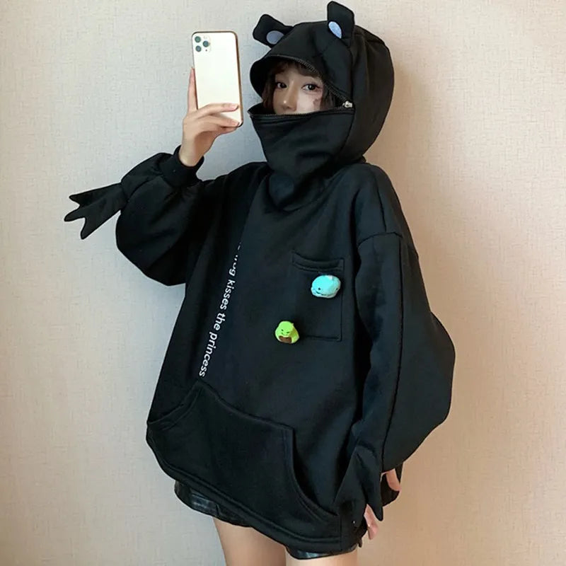 Charming 3D Frog Cartoon Hoodie - Women's Autumn Korea Style Loose Casual Pullover