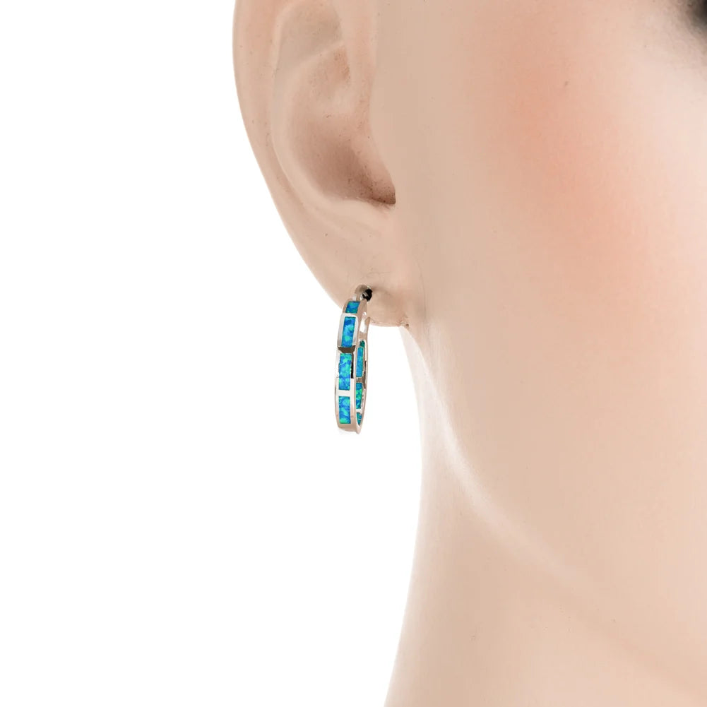 KONGMOON Ocean Blue Fire Opal Jewelry for Women Snap Closure Hoop Earrings