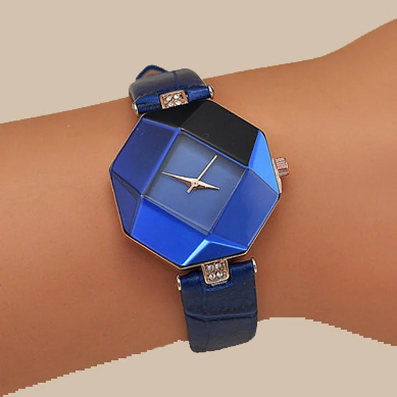 Fashion Exquisit Gem Cut Geometry Watch Women Blue Watches Leather Band Analog Quartz Wristwatches Ladies