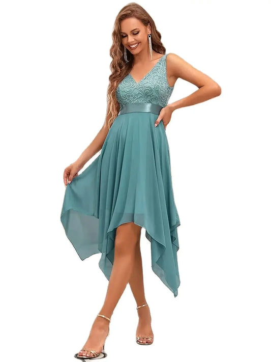 New Double V-Neck A-Line Sleeveless Lace Chiffon Irregular Party Dress