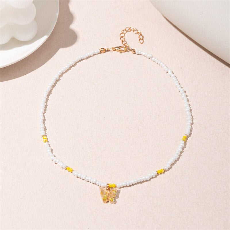 Exquisite Pearl Beads Short Chain Necklace For Women Fashion Elegant Crystal Butterfly Pendant Choker Necklaces Jewelry Gifts