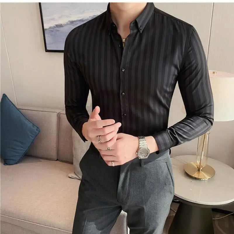 2024 Spring Shirts Men Dress Vertical Stripe Shirts Slim Men Casual Long Sleeve Shirt Male Chemise Homme Tuxedo Shirt