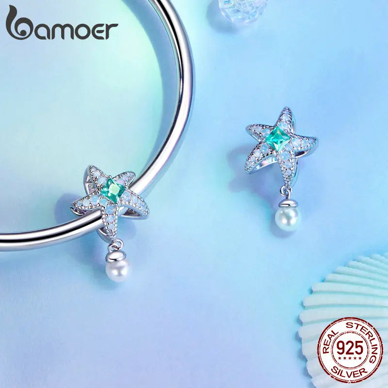 BAMOER 925 Sterling Silver Blue Ocean Charms for Bracelets, Starfish Whale Seashell DIY Beads Charm Jewelry Gifts for Women