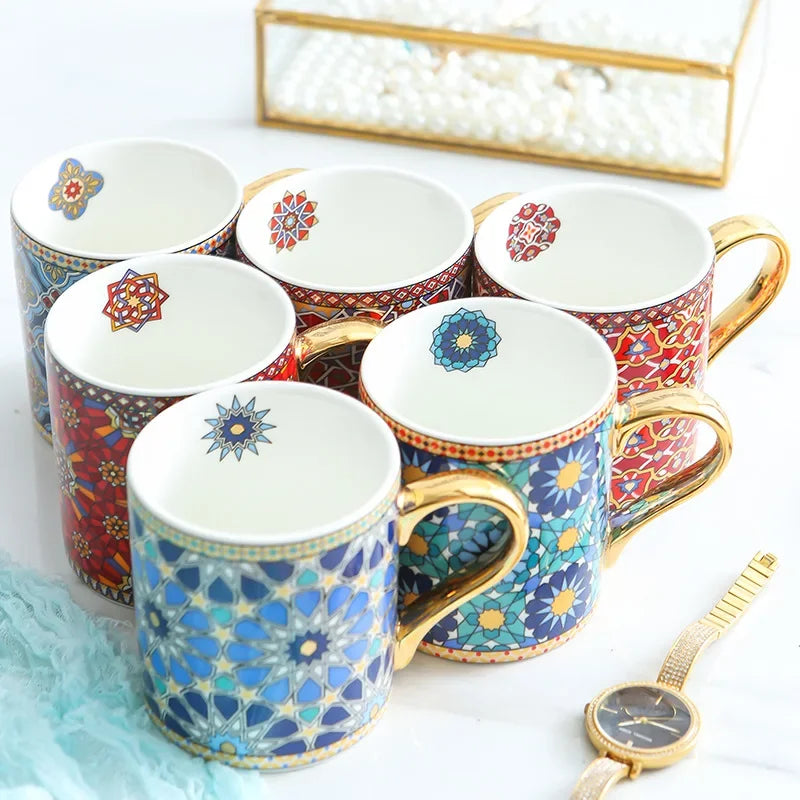 Moroccan Style Coffee Mug with Gold Handle Vintage Texture Ceramic Tea Cup Breakfast milk Cup for Couple Wedding Gift 300ml