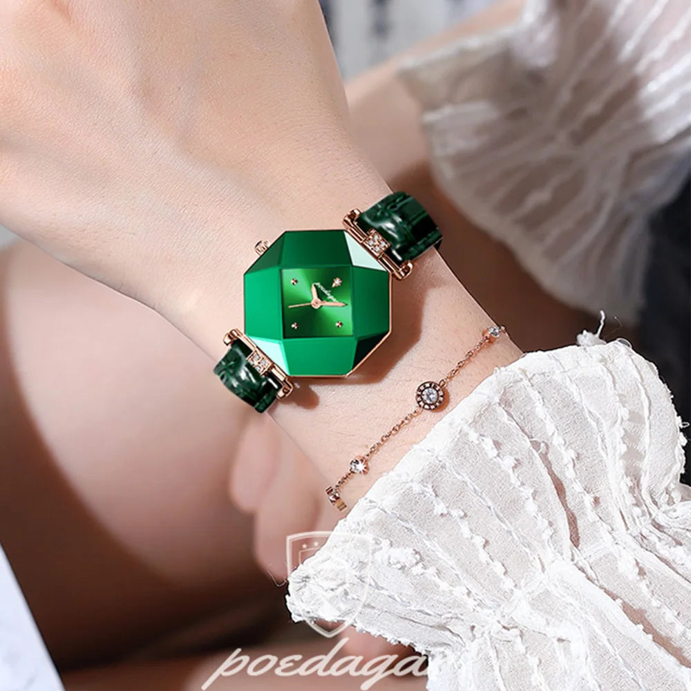 High Quality Luxury Women's Watch Diamond Quartz Waterproof Ladies Green Leather Watches Fashion Exquisite