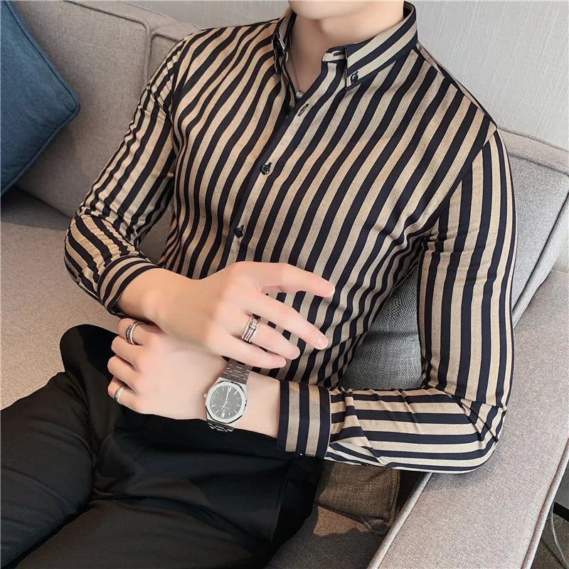 2024 Spring Shirts Men Dress Vertical Stripe Shirts Slim Men Casual Long Sleeve Shirt Male Chemise Homme Tuxedo Shirt