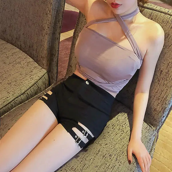 Women's Hollow Strap High Waist Tight Shorts - Sexy Look