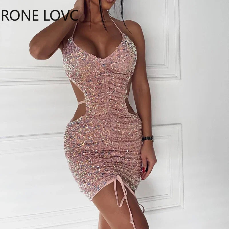 Women Elegant Sequins  Halter Straps Midriff Backless Lace Up Mini Bodycon Sexy Party Dress