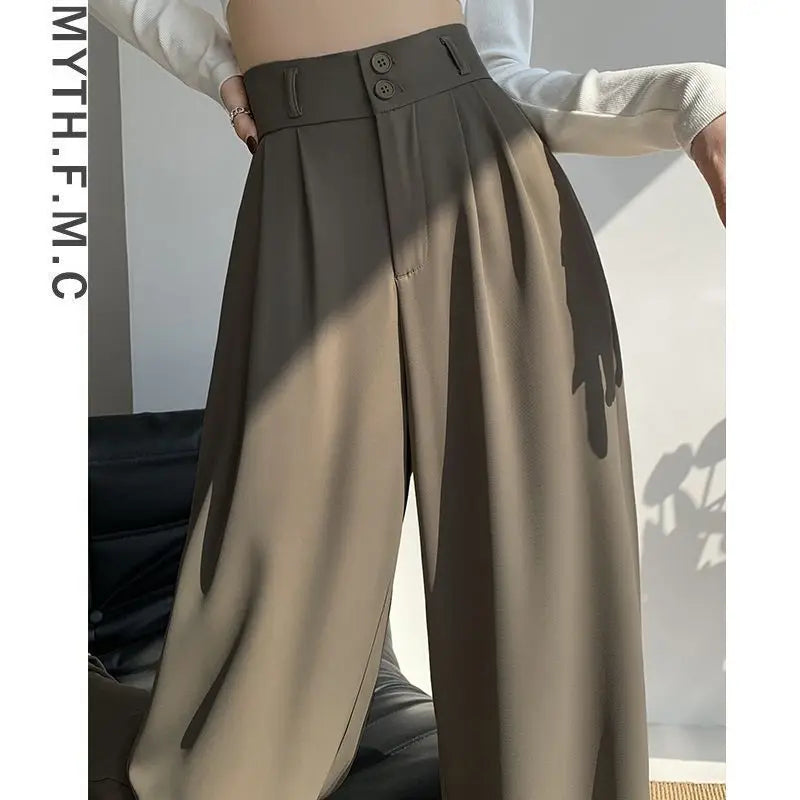 2024 New White Suits Pants Women: High Waisted Wide Leg Fashion Straight Baggy Pants Drooping Style Black Trousers Women