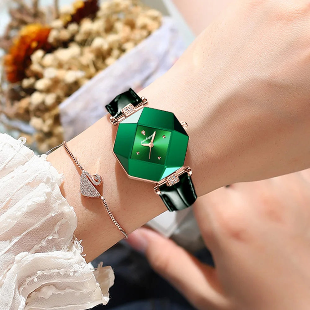 High Quality Luxury Women's Watch Diamond Quartz Waterproof Ladies Green Leather Watches Fashion Exquisite