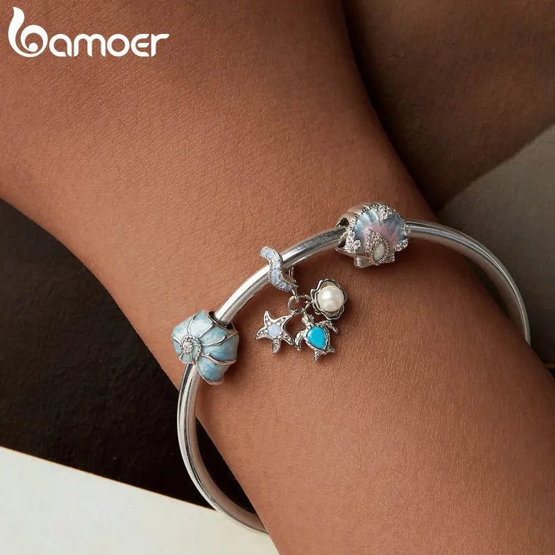 BAMOER 925 Sterling Silver Blue Ocean Charms for Bracelets, Starfish Whale Seashell DIY Beads Charm Jewelry Gifts for Women