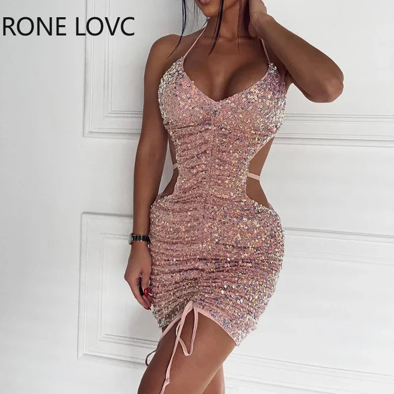 Women Elegant Sequins  Halter Straps Midriff Backless Lace Up Mini Bodycon Sexy Party Dress