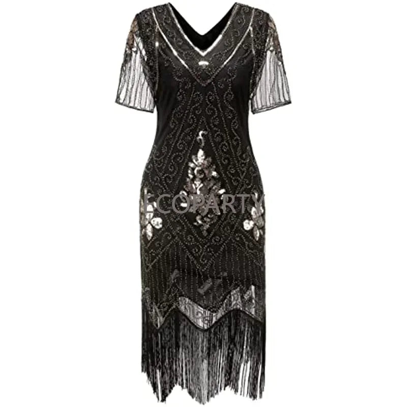 2023 New Spring 1920s Flapper Dress Vintage Style Great Gatsby Party Evening Sequins Fringed Dresses Gown Dress with 20s Accessories 6-PCS Set