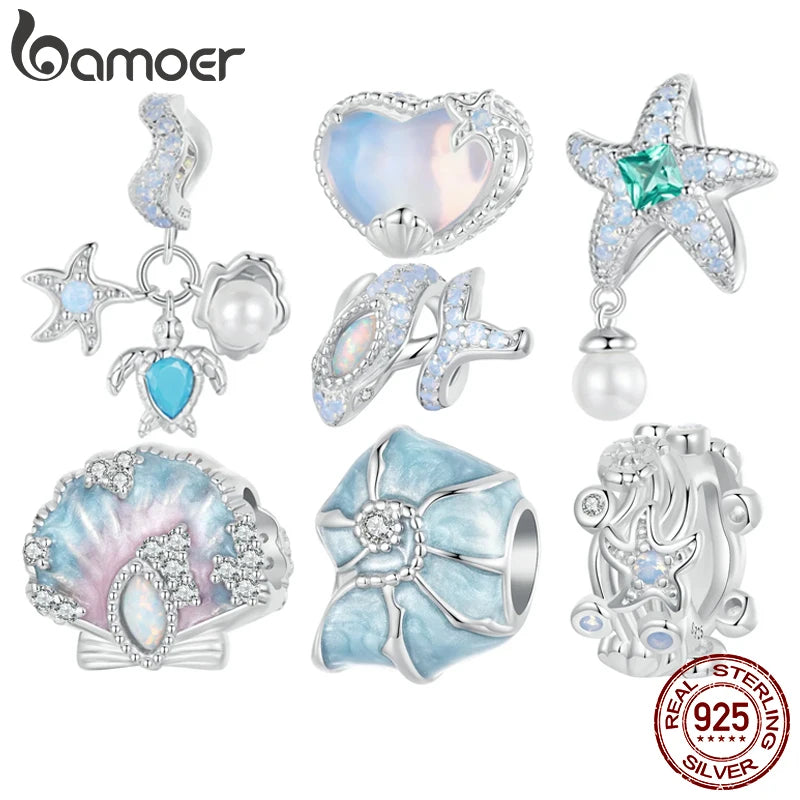 BAMOER 925 Sterling Silver Blue Ocean Charms for Bracelets, Starfish Whale Seashell DIY Beads Charm Jewelry Gifts for Women