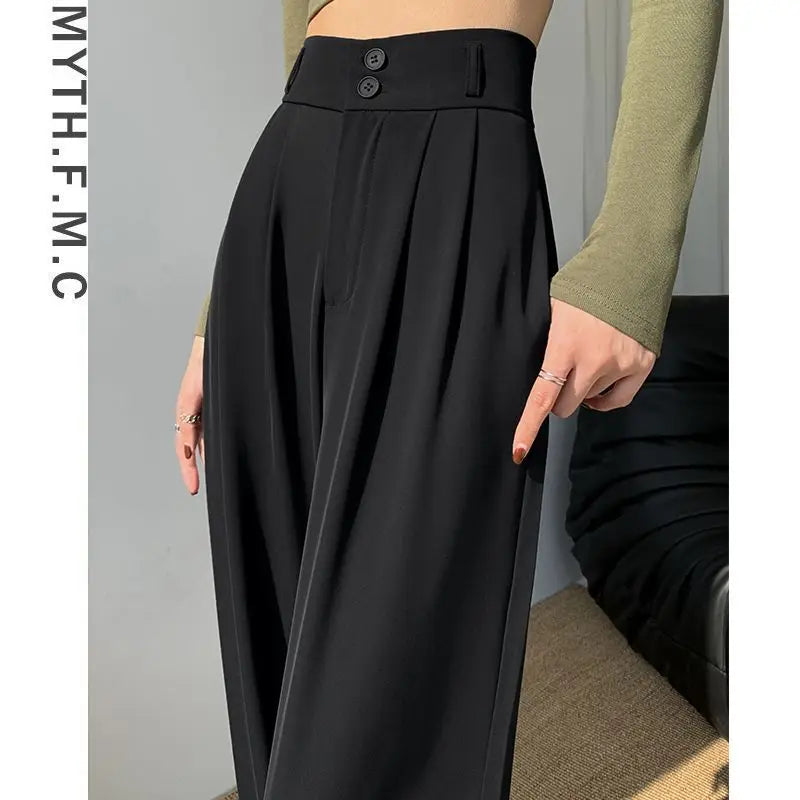 2024 New White Suits Pants Women: High Waisted Wide Leg Fashion Straight Baggy Pants Drooping Style Black Trousers Women