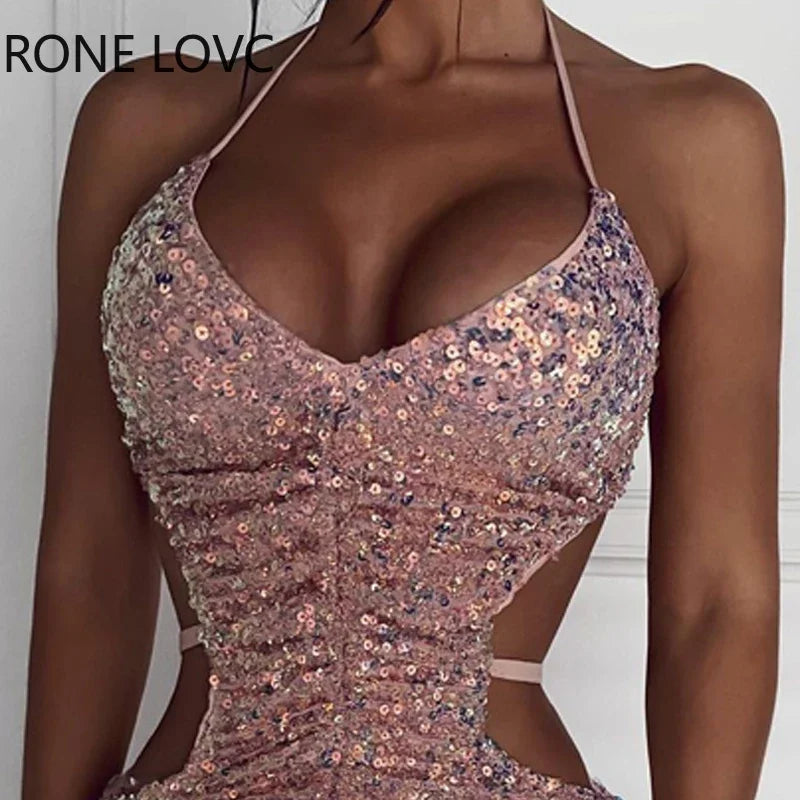 Women Elegant Sequins  Halter Straps Midriff Backless Lace Up Mini Bodycon Sexy Party Dress