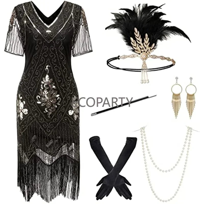 2023 New Spring 1920s Flapper Dress Vintage Style Great Gatsby Party Evening Sequins Fringed Dresses Gown Dress with 20s Accessories 6-PCS Set