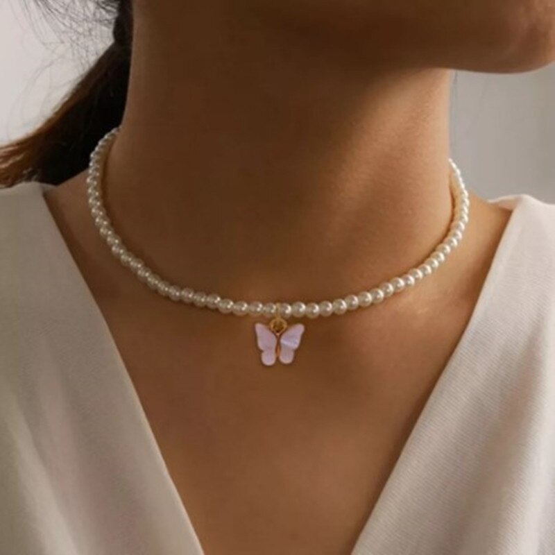 Exquisite Pearl Beads Short Chain Necklace For Women Fashion Elegant Crystal Butterfly Pendant Choker Necklaces Jewelry Gifts