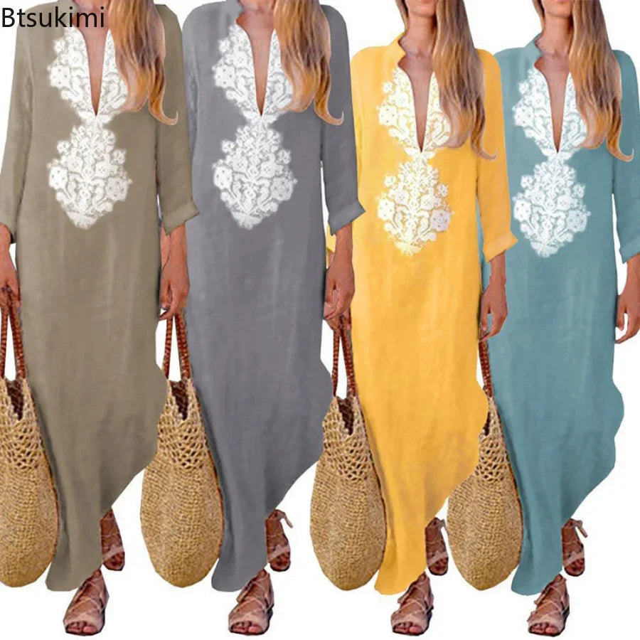 Spring Summer Dresses for Women Cotton Linen Long Sleeve V-neck Dress Split Hem Baggy Kaftan Long Dress for women