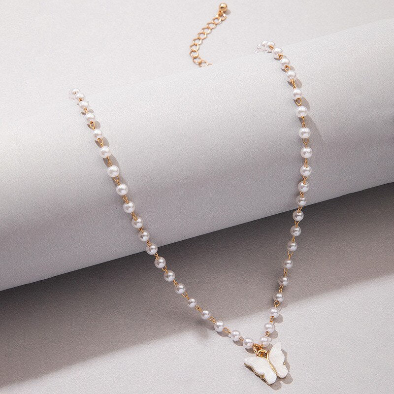 Exquisite Pearl Beads Short Chain Necklace For Women Fashion Elegant Crystal Butterfly Pendant Choker Necklaces Jewelry Gifts