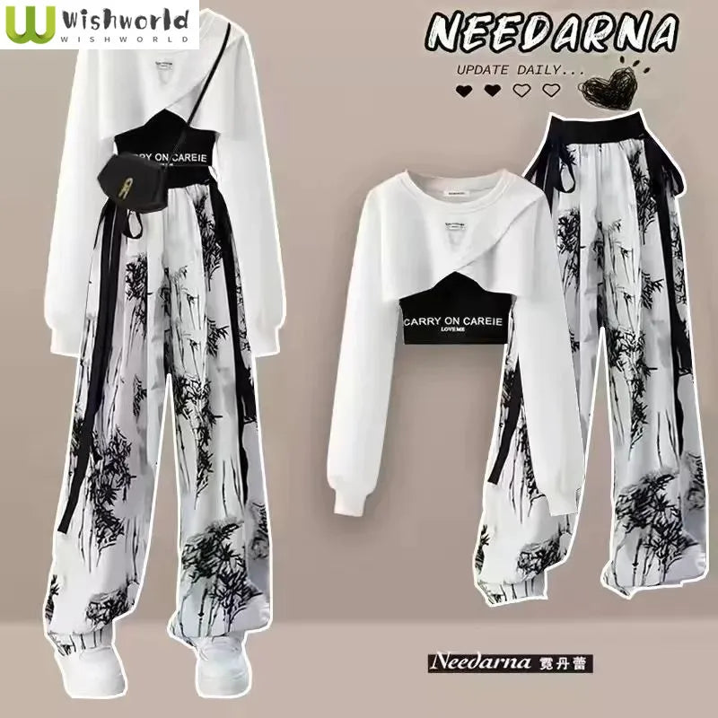 Spring and Autumn Set Women's Korean Design Long Sleeved Top+Tank Top+Ink Wide Legged Pants Three Piece Set Trendy