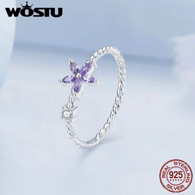 WOSTU Real 925 Sterling Silver Exquisite Shiny Purple Flower Shaped Crystal Ring with Dazzling AAA Cubic Zircon Dainty Rings